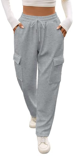 Kfnire Fleecefodrade byxor kvinnor vinter kvinnor joggingbyxor med lastfickor elastisk hög midja rakt ben, Ljusgrå, XL