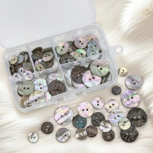 100pcs Mother of Pearl Buttons with Natural Sheen (10/12.5/15/18/20mm Assorted Sizes) -Dark Color Shell Buttons for Shirts, Knitwear & DIY Crafts