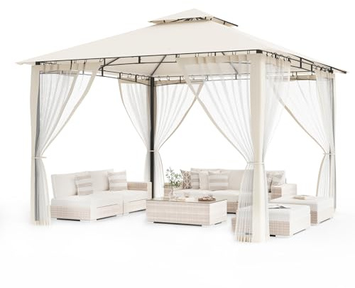 Amopatio 3,4 x 3,4 m trädgårdspaviljong vattentät stabil vintersäker, dubbeltak, trädgårdspaviljong med myggnät, deluxe uteplats, gazebo, väderbeständig, festtält, trädgårdspavel, metall för poolsida