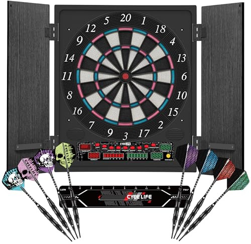 CyeeLife Bersaglio elettronico per freccette con armadio in legno, bersaglio elettronico con 34 giochi e 355 varianti, modalità 8 giocatori, display LED, voce tedesca