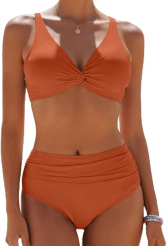 Yutdeng Bikini Mujer Braga Alta Bañador Dos Piezas Reductor Barriga Bikini Push Up con Relleno Crossover Conjunto Bikini Alto Vientre Plano Traje de Baño Mujer 2 Piezas Ropa de Baño,Naranja,M