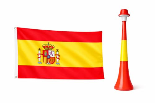 Bandera de España 90 x 150 cm + Bocina de Animación – Pack Afición España para Mundial, Eurocopa, Fútbol, Estadio y Eventos Deportivos – Auraxx