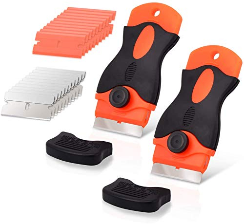 Ehdis 2 PCS Grattoir Plaque Vitrocéramique avec 10 raclettes de en Plastique +10 pièce Lames Métallique, Grattoir vitrocéramique pour enlever Les étiquettes, Orange