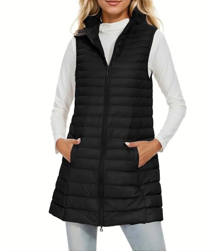 ELFJOY Women's Mid Long Down Vest Lightweight Puffer Vest Coat Jacket Stylish Windbreaker Black Large