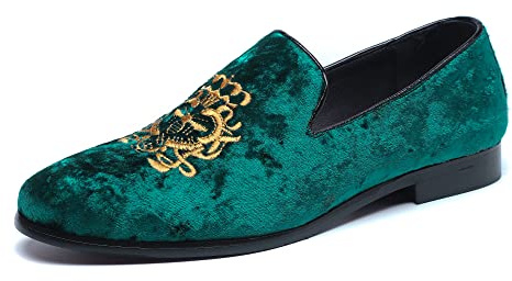 FLQL Men's Luxury Velvet Slip On Penny Loafers Shoes Embroidery Suede Dress Loafers Daily Boats Shoes for Party Wedding Prom Size 7-13, Green, 13 D(M) US