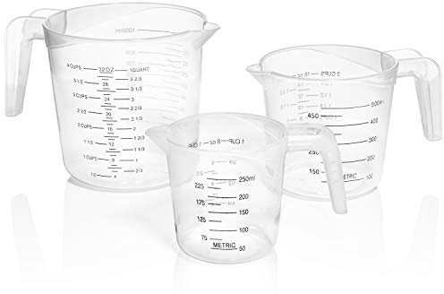 Terbold 3pc Liquid Measuring Cups Set - 1 Cup, 2 Cup, 1 Quart | Clear Plastic Measure Cups with Long Handles