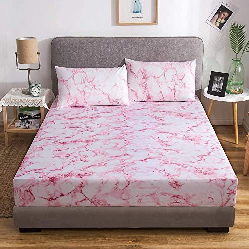Marmor Spannbettlaken Microfaser Marmor Muster Spannbetttuch Weiche Mikrofaser Boxspringbett Bettlaken Geeignet Für Matratzen Von 25-30 cm (Rosa,120 x 200 x 30 cm)