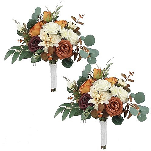 Rinlong 2Pcs Bridesmaid Bouquet, Burnt Orange Artificial Wedding Bouquets