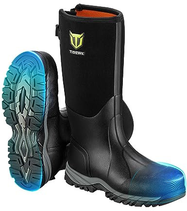 TIDEWE Botas de trabajo a prueba de pinchazos con puntera y vástago de acero, botas de goma antideslizantes impermeables para hombres, botas de neopreno de 6 mm para exteriores, botas de caza