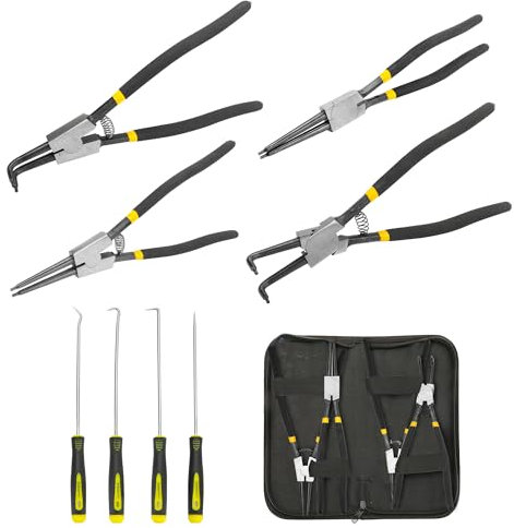 KEJJNYER 8 Pcs Extra Long Snap Ring Pliers with Hook Set, 13 inch Circlip Pliers Heavy Duty, Internal External C Clip Tool Straight Bent Jaws Retaining Ring Remover