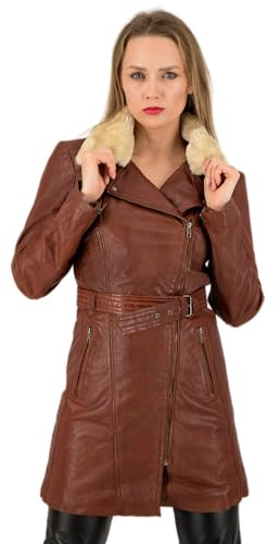 URBAN 5884 Giacca Lunga in Pelle da Donna, MILOU, Cappotto in Vera Pelle di Agnello, Giubbotto Invernale Aderente e Morbido al Tatto, Marrone, XL