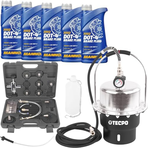 TECPO Bremsenentlüftungsgerät Bremsenentlüfter + 5x Bremsflüssigkeit, 1 Liter