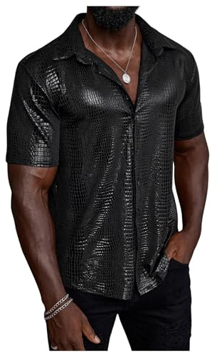 WDIRARA Men's 70s Disco Top Crocodile Pattern Button Down Shirt Short Sleeve Rave Party PU Leather T Shirt Black Medium