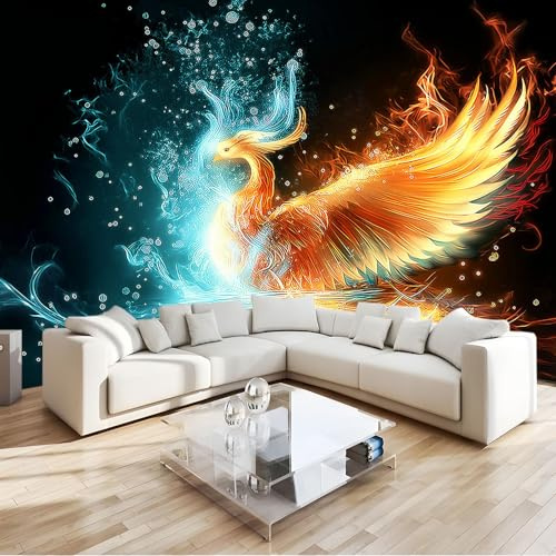 Väggmålning tapet is och eld fenix fantasi svart 350 x 256 cm väggmålning fototapet, icke-vävd HD konsttryck fleece väggdekor dekoration affisch, för sovrum vardagsrum TV-bakgrund