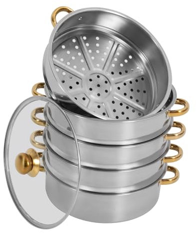 Pentola a vapore a 5 ripiani con inserto per vapore, set di pentole a vapore con coperchio in vetro, pentola in acciaio inox con bagno d'acqua, per cucinare, pentole (argento, 26 x 42 cm)