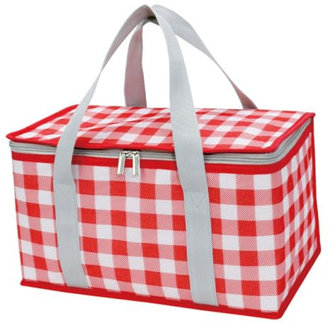 Isolierte Picknicktasche, wiederverwendbar, Strandtasche, Kühltaschen, Strandtasche, Kühltaschen mit Reißverschluss Oben, wasserdicht, multifunktional, tragbar, Lunchtasche, große (Red and White)