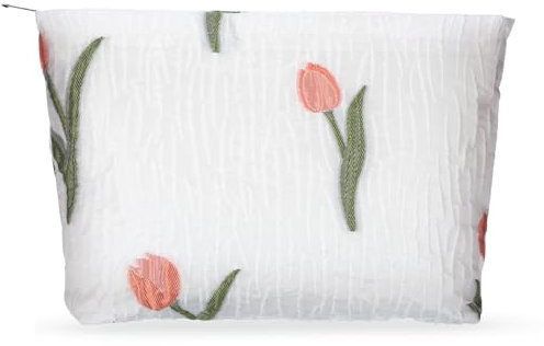 Kleine Kosmetiktasche, Reise Schminktasche mit Reißverschluss Makeup Organizer Münztasche Multifunktionaler Kulturtasche Tragbare Cosmetic Kulturbeutel für Damen Mädchen (Weiß (Tulpe))