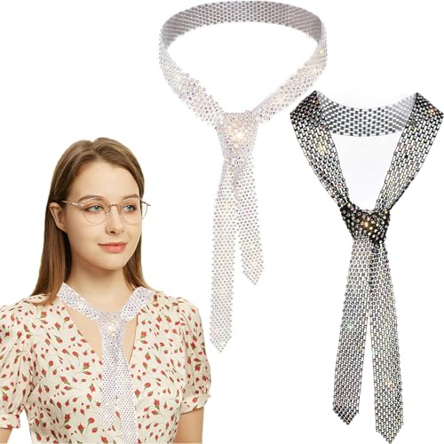Aswewamt 2Pcs Sparkling Rhinestone Scarf, Sparkle Neck Tie Rhinestone Long Scarfs Ties Glitter Sequins Neck Tie Abba Outfits for Women