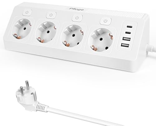 Pfloge® Multiprise avec Interrupteur, 4 Prises, 4 Ports de Charge(2 USB C + 2 USB A), Prise Multiple avec 2M Câble pour Smartphone, Ordinateur Portable, Maison