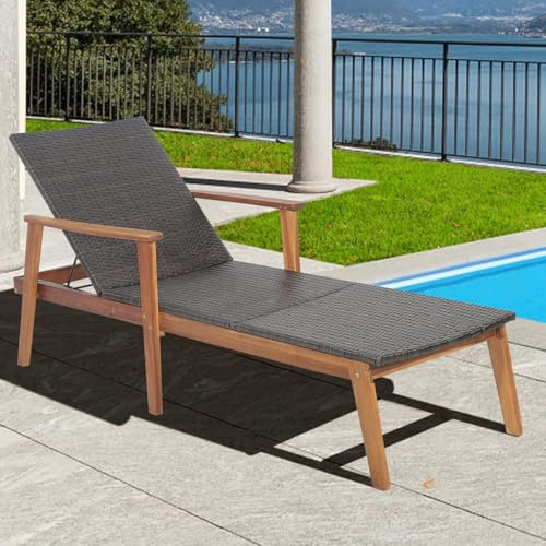 Multigot Rattan Sun Lounger, 4-Level Adjustable Garden Chaise Lounge | Outdoor Wicker Relaxing Sunbed Patio Sunbathing Reclining Chair with Armrests for Poolside Backyard