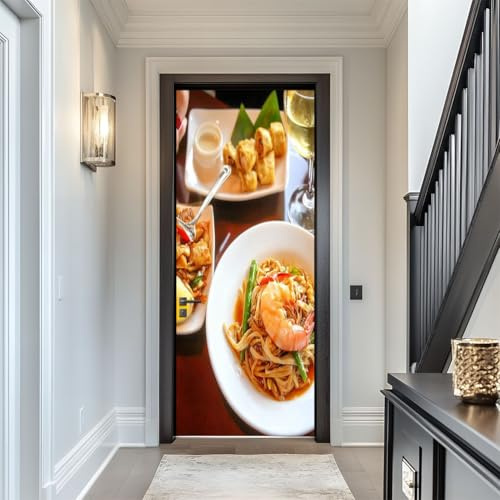Door Sticker Decals 3D Overhead Thai Food Table Hand Holding Fork Sticker Murals Peel and Stick Wallpaper Self-Adhesive Door Poster for Bedroom Living Room 30x79