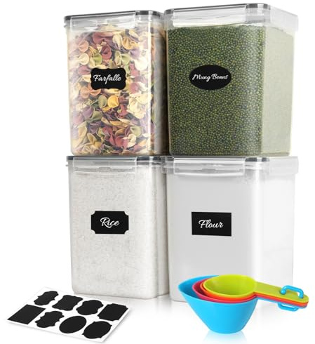 5.2L Groß Vorratsdosen mit Deckel, 4er Mehl Behälter mit Bunte Löffel & Etiketten | Luftdicht Aufbewahrungsbox Küche Ideal für 4KG Zucker, Müsli, Cornflakes, Katzenfutter| BPA-FREI | Spülmaschinenfest