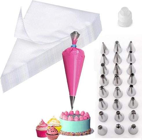 100 Pcs Disposable Piping Bags Medium, Clear Plastic Icing Piping Bags for Cake, Cupcake, Dessert and Cookie Decoration, Includes 24 Nozzles and 1 Converter