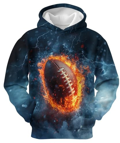 ARTSGOO Kids Hoodies 3D Print Graphic Long Sleeve Sweatshirt Cool Casual Pullover Hooded for Boys Girls with Pocket, American Football Flame, S