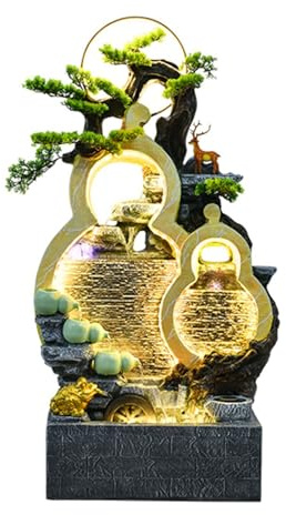 Terrasse Fontaine à Eau en Forme de Gourde sur Pied, Fontaine intérieure autoportante avec Brouillard d'eau, lumières LED et Verdure simulée Décoration de Patio(Blanc)