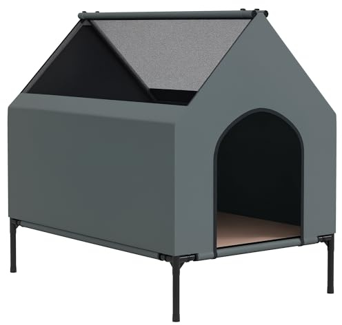 PawHut Dog House Outdoor Elevated Removable Cover for Medium Dogs Grey