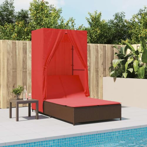 mtlskopl Double Sun Lounger with Roof Curtains 40.9x77.6x76 Brown PE Rattan Chaise Lounge Outdoor Patio Pool Beach Recliner 4-Position Adjustable Backrest for Garden Backyard Porch