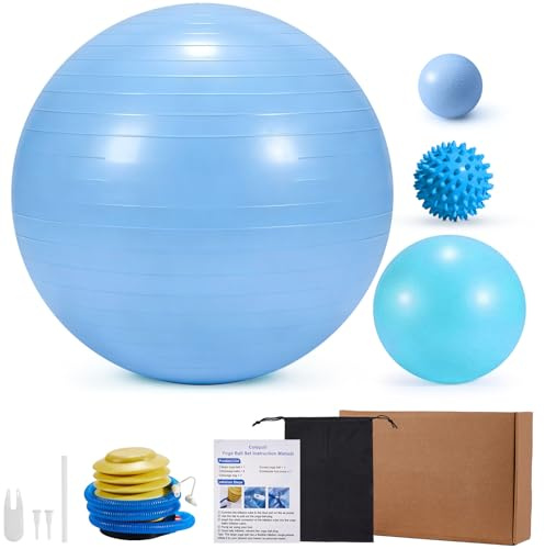 Set med 4 gymnastikbollar, bestående av en stor boll och 23 cm pilatesboll, en massageboll och igelkott, en läckagesäker yogaleboll med pump för graviditet, sjukgymnastik, 3 storlekar