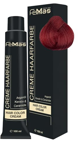 FemMas teinture pour cheveux Blond Moyen Rouge Intense 7.66 I Crème professionnelle à l'huile d'argan, kératine et céramides I Coloration permanente ou teinture pour des résultats durables I 100 ml