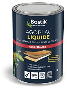 Bostik Agoplac Liquide – Colle Contact Néoprène Haute Performance – Prise Immédiate – Haute Tenue Thermique – Placage à Froid Pour Stratifiés, Bois, Caoutchouc, Métal – Sans Toluène – 1 L