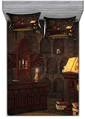 Ambesonne Gothic Fitted Sheet & Pillow Sham Set, Chamber of Secret Rite with Skulls on The Wall Sorcery Spell Image Print, Decorative Printed 3 Piece Bedding Decor Set, Calking, Brunette Brown