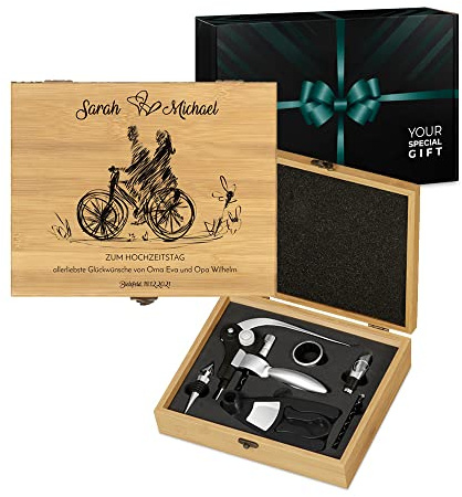 Maverton Weinöffner-Set personalisiert Weinset Sommelier Set - Geschenkbox Holzbox + 6er Weinzubehörset - aus Bambus - Braun - Geschenk Hochzeit Hochzeitstag Paar - Liebespaar