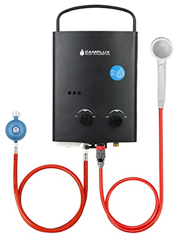 Camplux AY132B-DE - Scaldabagno istantaneo senza serbatoio 50 mbar, 5 litri LPG con maniglia portatile, 10 kW, gas propano o butano per doccia da campeggio