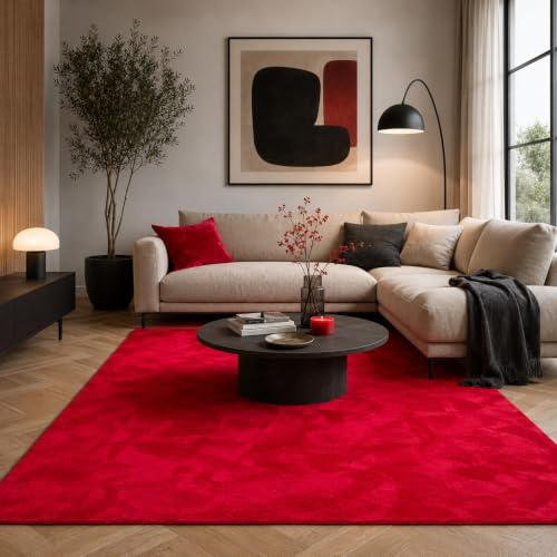 Tapis Fausse Fourrure Pearl Rouge – Tapis Shaggy Doux à Poils Longs
