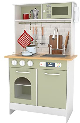 Teamson Kids Little Chef Boston Modern Farmhouse - Set da gioco in legno con funzioni interattive e 9 accessori da cucina, verde chiaro/bianco TD-12679E