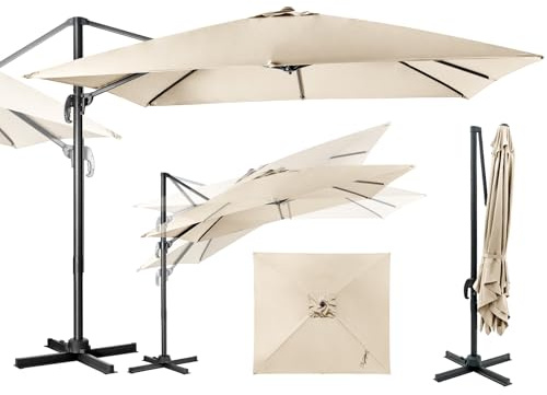 GOPLUS Parasol de Jardin Exterieur, Parasol Déporté 3x3M, avec Toile Inclinable à Double Couche, Manivelle, 8 Baleines, Rotation à 360°, Anti-UV, pour Balcon Terrasse Patio, Beige