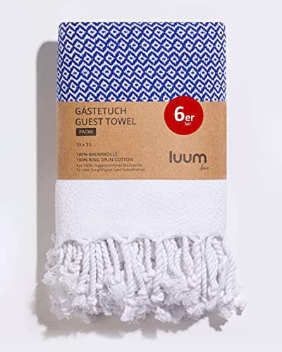 Luum® 6er Set Hamam Gästehandtücher, Deko Handtücher, Seiftuch, Waschlappen, Stoffservietten, Putzlappen, 100% Baumwolle schnelltrocknend fusselfrei Royal Blau 33x33 Geschenkset Geschenke für Frauen