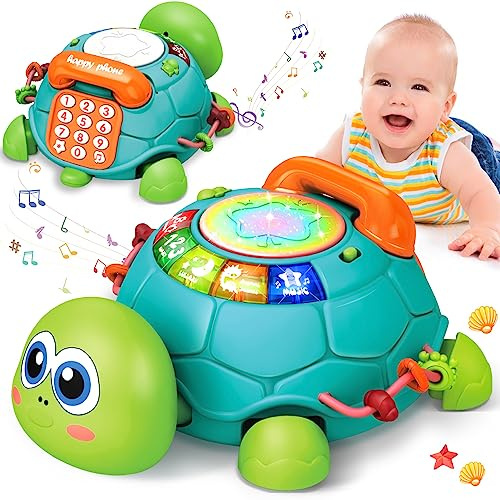 Baby Toys 6 to 12 Month Crawling Turtle Sensory Toys for 1 Year Old Babies Toddler kids Infant Girls Boys Musical Phone Learning Educational Lights/Music/Number Letter Christmas Birthday Toy Gift