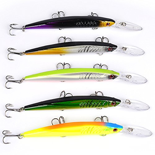 OriGlam Leurres de pêche Ensemble de leurres de pêche Kit d'appâts vairon Crankbait Leurre Flottant avec Crochets à lèvres Swimbait Appât Dur pour Truite Basse d'eau Douce et d'eau salée (5pcs)