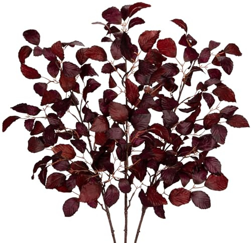 Briful 3 tallos artificiales de hojas de fago de hojas de otoño, follaje fago Sylvatica, rama de hoja de haya falsa rojo oscuro con tallos largos para arreglos florales decoraciones de otoño