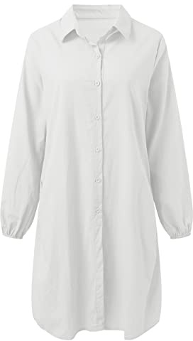 Robe Ete Femme Coton et Lin, Robe Chemise Femme Col Revers,Robe Sexy Femme Manches Longues Boutonnage Simple Couleurs Unies Longue Robes Simple Ample et Fluide Casual Respirant Dresses