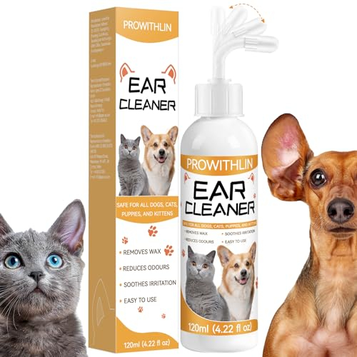 prowithlin Ohrenreiniger Hunde (120 ml) - Entfernt Wachs und Gerüche, Stoppt Kopfschütteln und Kratzen - Schonende Ohrentropfen für Hunde - Ohrreiniger für Alle Katzen und Hunde