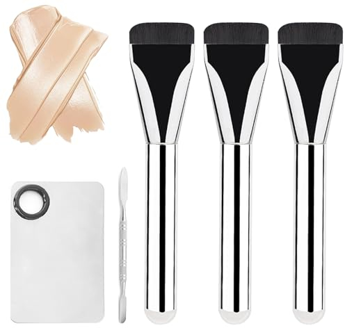 3 Pcs Flat Foundation Brush with 1 Makeup Mixing Palette & 1 Foundation Spatula Set, Foundation Makeup Brush, Liquid Foundation Brush, Cosmetics Applicator with Ultra Thin Bristles