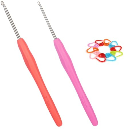 Coopay Agujas de ganchillo de 2,25 mm y 2,75 mm, 2 unidades de agujas de ganchillo de metal con marcador de punto, agujas de ganchillo ergonómicas con agarre suave para manos artriticas, mango TPR