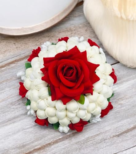 Gadinfashion™ Rose With MograFlower Hair Bun/Gajra, Rose Flower Juda, Bridal Gajra For Women And Girls, Pack-01, Color -Red & White