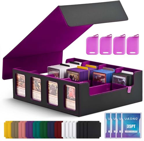 UAONO Trading Card Storage Box for Commander Display, 2400+ MTG Deck Box with 4 Toploader, TCG Card Case fits Magic PTCG Sports Cards(Black&Purple)